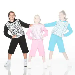 Three children modeling colorful geometric-patterned hoodies and shorts.