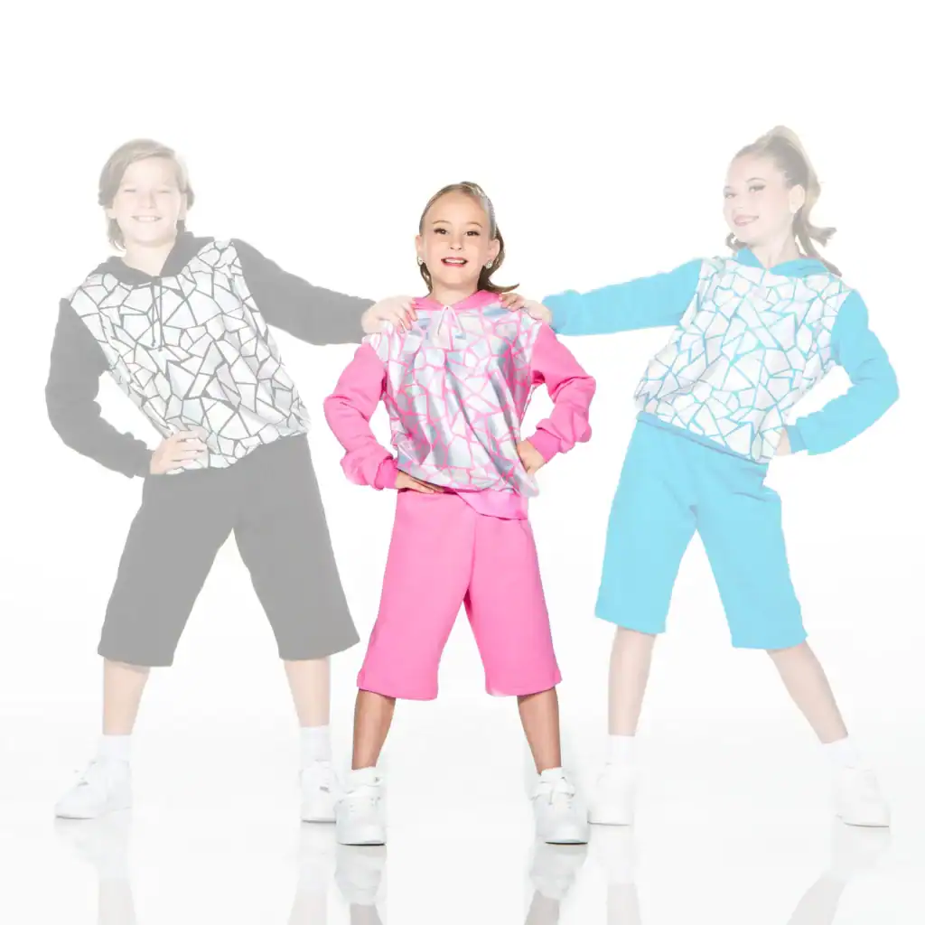 Three children modeling colorful geometric-patterned athletic outfits.