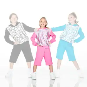 Three children modeling colorful geometric-patterned athletic outfits.