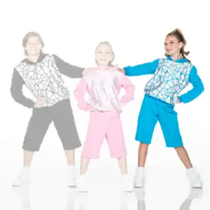 Three children wearing colorful geometric-patterned hoodies and shorts