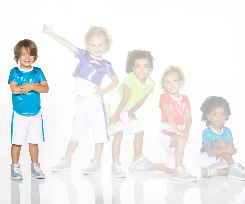 Five children wearing colorful shiny athletic outfits