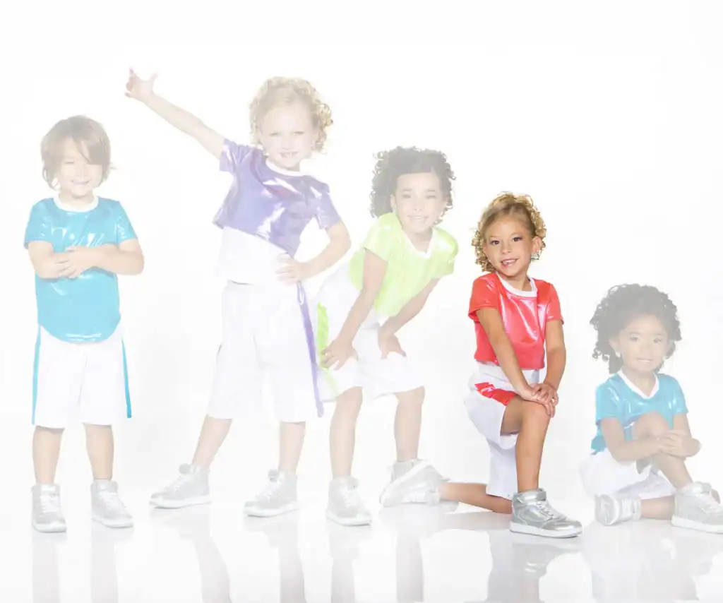 Five children in colorful outfits posing against a white background