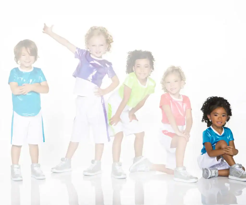 Five children wearing colorful athletic outfits pose together