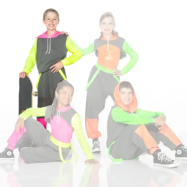 Four children in colorful neon outfits posing with skateboard