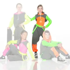 Four children pose in colorful neon hoodies and pants.
