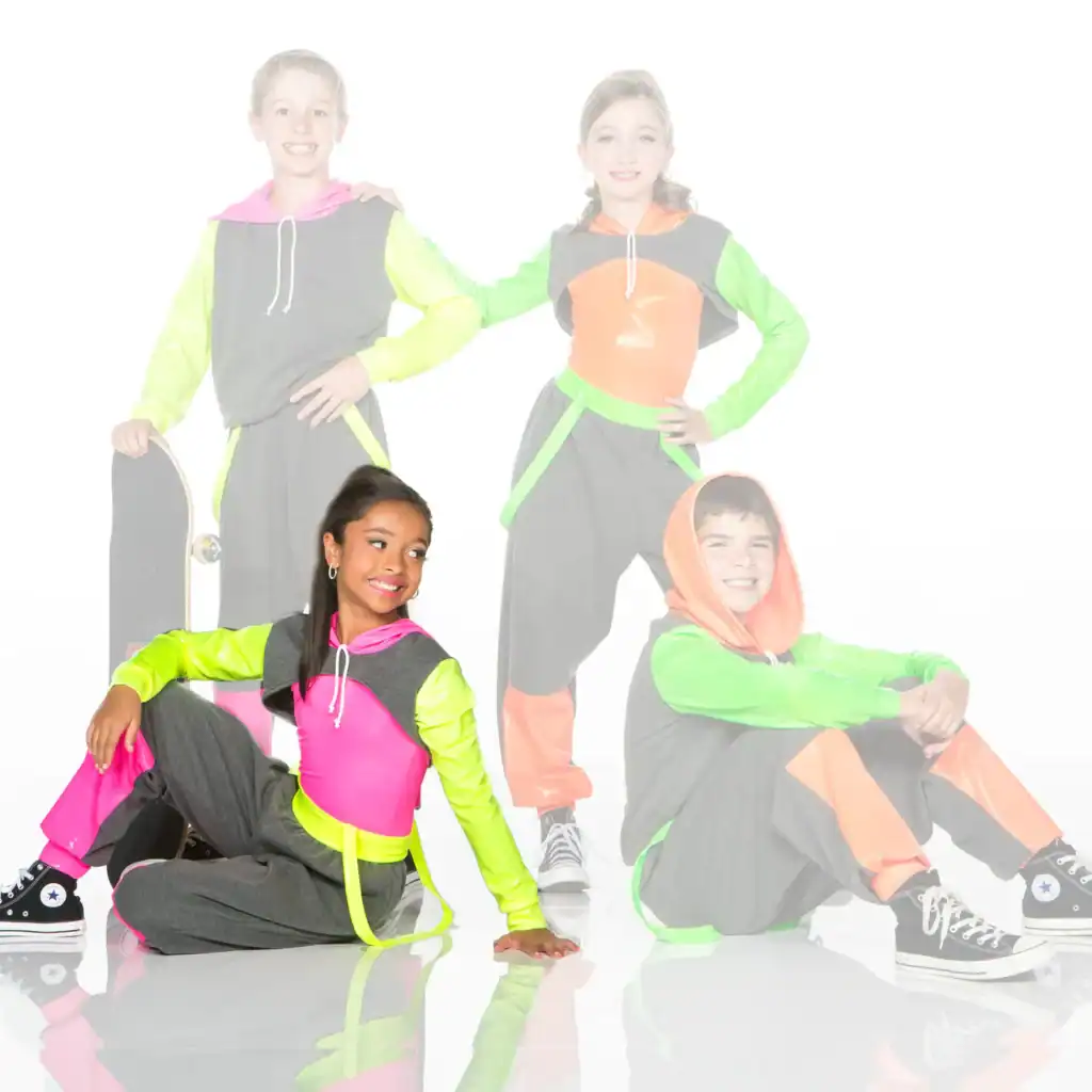 Four children wearing colorful neon streetwear outfits