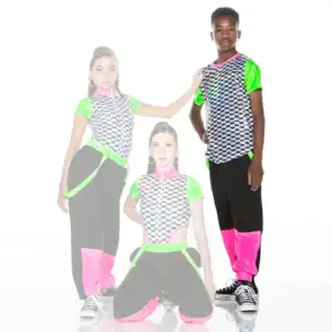 Three dancers in neon checkered outfits pose against white background.