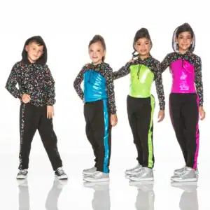 Four children modeling colorful star-patterned hooded tracksuits.