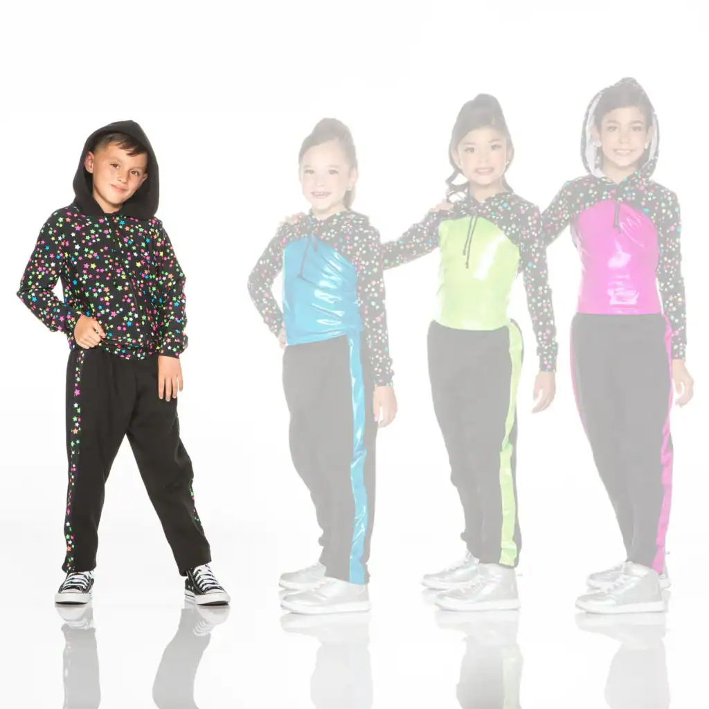 Girls modeling colorful star-print hooded tracksuits