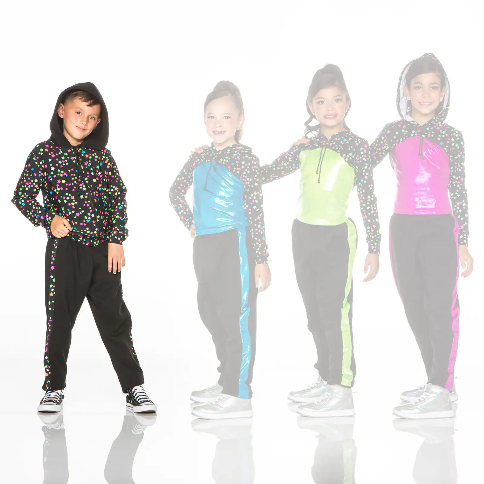 Girls modeling colorful star-print hooded tracksuits