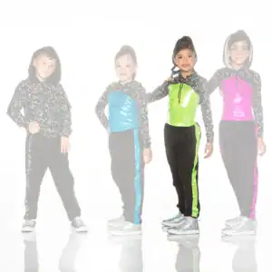 Four children modeling colorful star-patterned hooded tracksuits