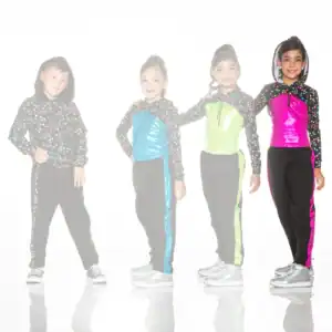 Four children wearing colorful star-patterned hooded tracksuits.