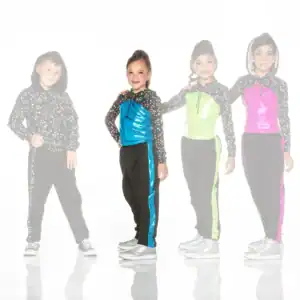 Children modeling colorful star-patterned hoodies and metallic tracksuits