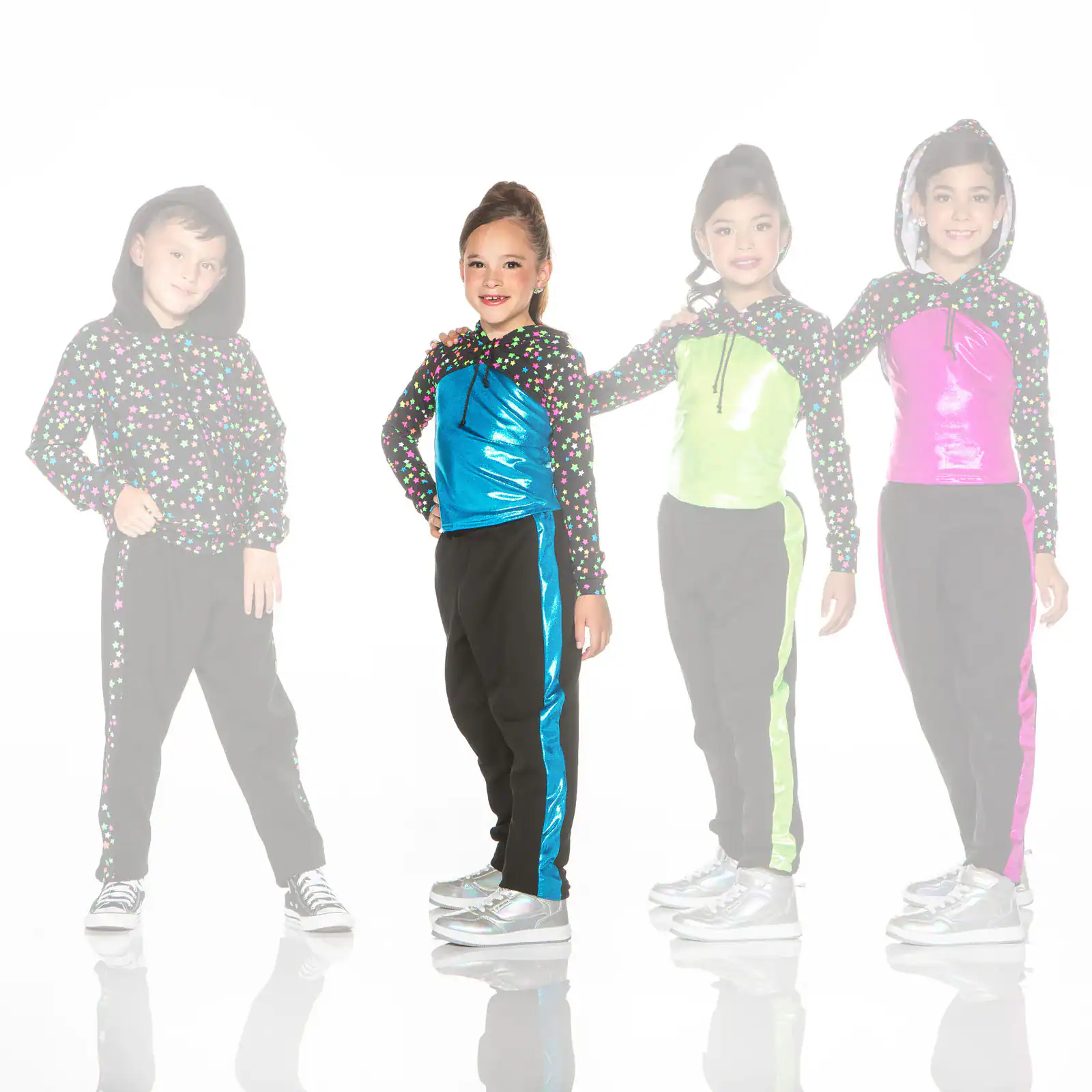 Children modeling colorful star-patterned hoodies and metallic tracksuits
