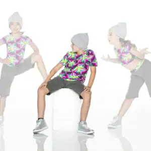 Three children modeling colorful geometric shirts and gray beanies