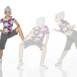 Girl in colorful geometric shirt poses in three dance stances