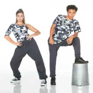 Two models pose in gray camouflage shirts and black pants.