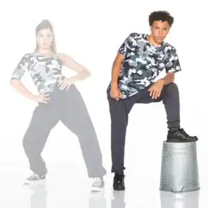 Two models pose in gray camouflage outfits on white background.