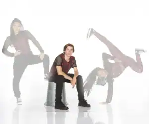Man seated between two posed images of a female dancer