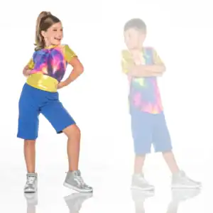 Two children wearing colorful galaxy-print outfits and silver sneakers