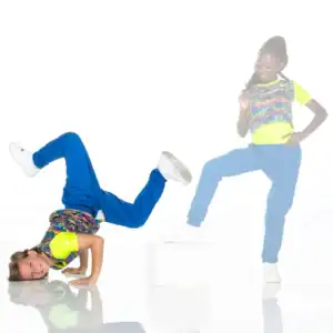 Two dancers in colorful outfits pose on a white background.