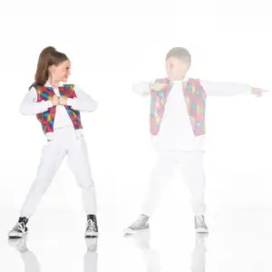 Two children dance in colorful vests against white background.