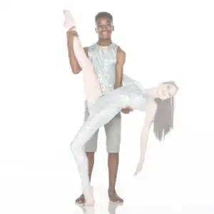 Dancer lifts partner in sparkling silver costumes