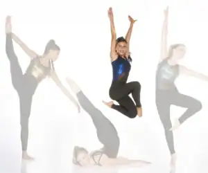 Four gymnasts performing poses against a white background