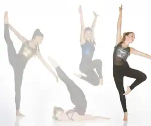 Four dancers posing in colorful leotards against white background