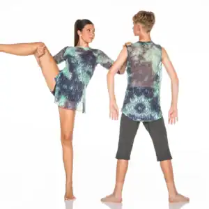 Young dancers model blue-green patterned dance costumes
