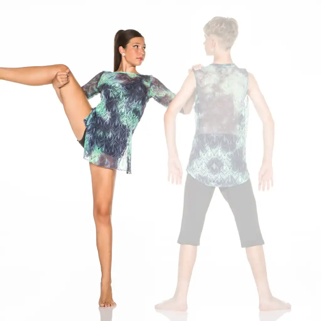 Girl performing a high leg stretch beside faded boy