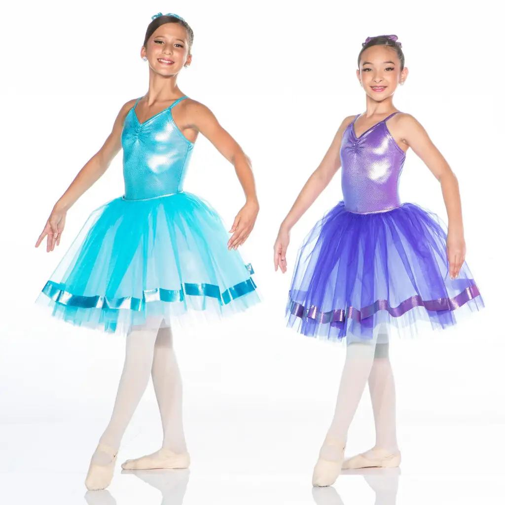 Two young ballet dancers in turquoise and purple tutus