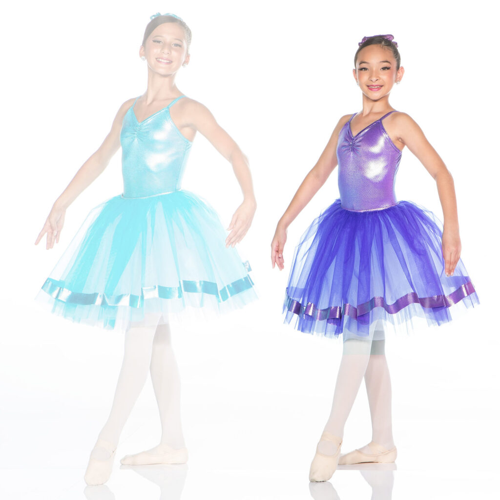 Two young ballerinas in turquoise and purple tutus