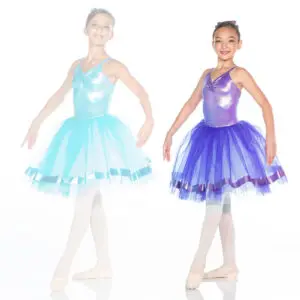 Two young ballerinas in turquoise and purple tutus