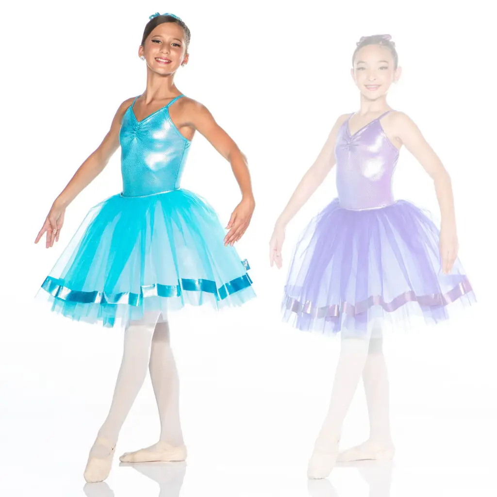 Young ballerinas modeling turquoise and lavender tutus