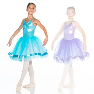 Young ballerinas modeling turquoise and lavender tutus