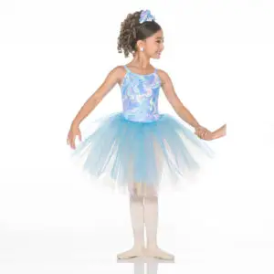 Young ballerina in blue tutu holding another dancer's hand