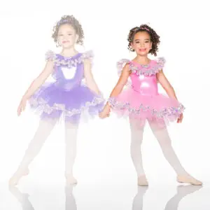 Two young ballerinas in pink and purple tutus holding hands