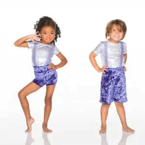 Two children model silver shirts and purple velvet shorts.