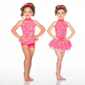 Two girls modeling pink heart-patterned dance costumes