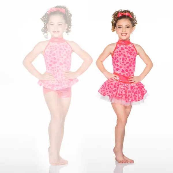 Girl modeling pink heart-print dance costume with skirt
